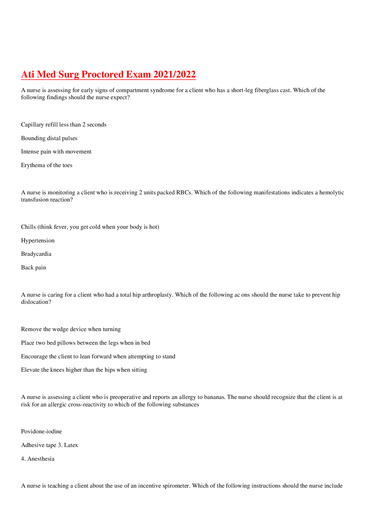 Preview image for Ati Med Surg Proctored Exam 2022 - 100 Correct Questions & Answers